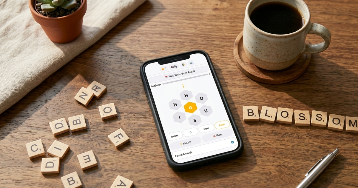 blossom spelling game — flower-shaped word puzzle displayed on smartphone with morning coffee