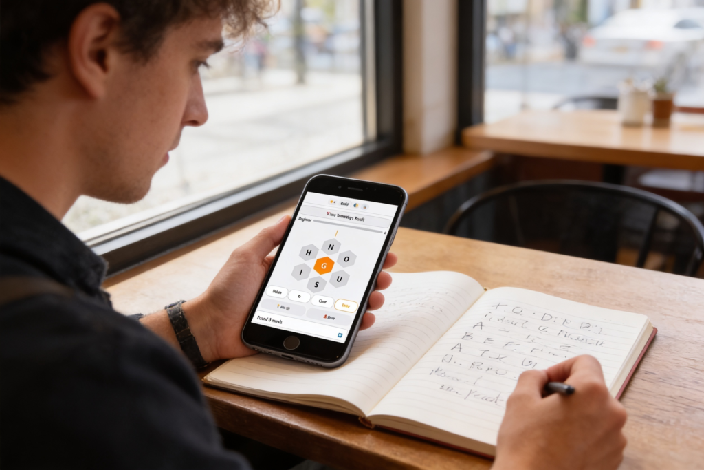 blossom spelling game strategy — player working through word puzzle with notes