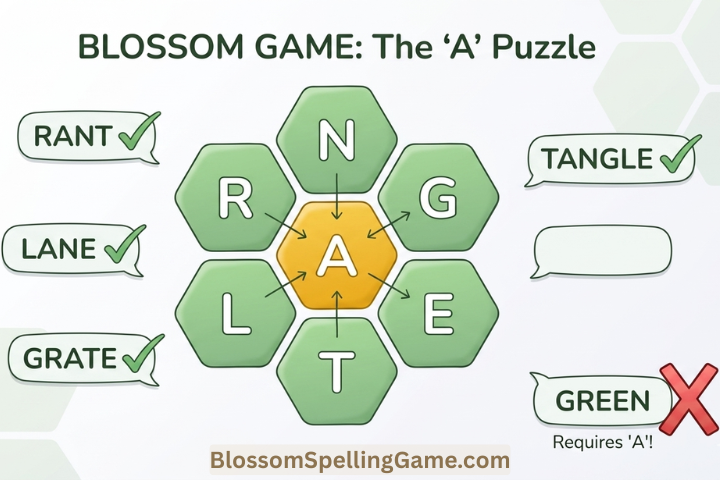 Example Blossom puzzle board with center letter A and petal letters R, N, G, E, T, L, showing valid words like RANT, LANE, GRATE, and TANGLE with checkmarks, and the rejected word GREEN with an X because it does not contain the center letter A