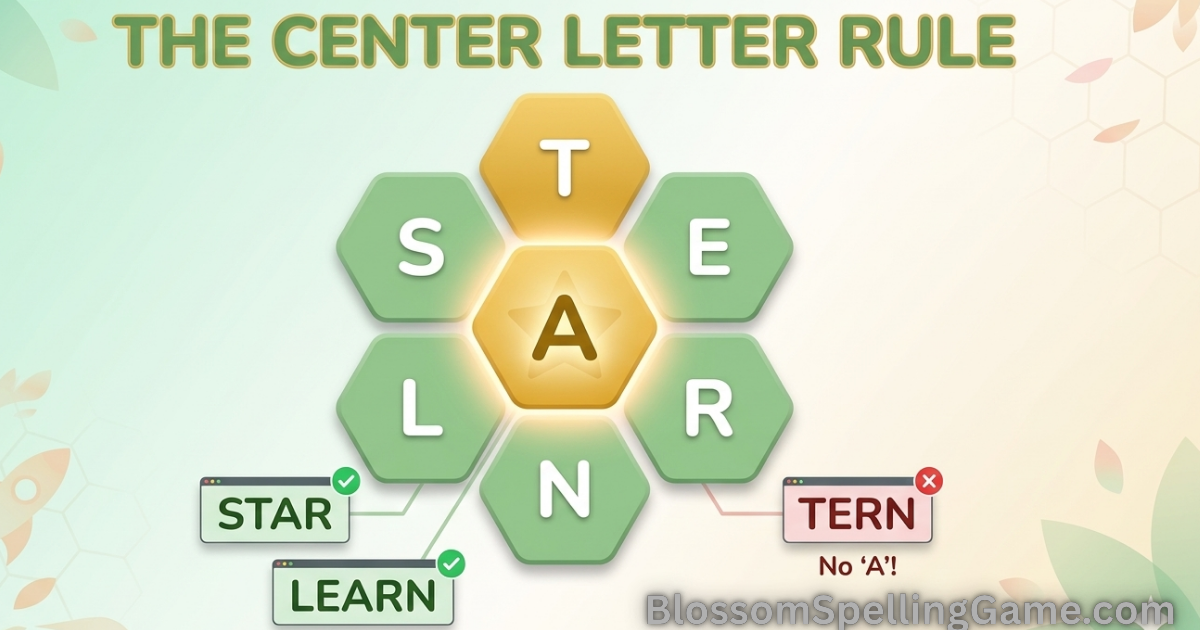 Blossom spelling game featured image showing a colorful flower-shaped word puzzle board with a glowing center letter surrounded by six petal letters, representing the center letter rule