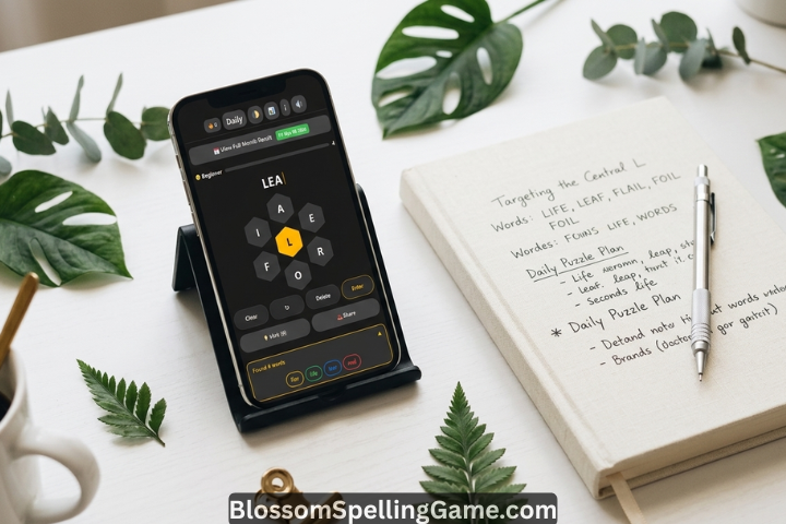 Flat-lay photo of a phone showing a blossom game word finder with letters on a clean white desk with botanical styling.