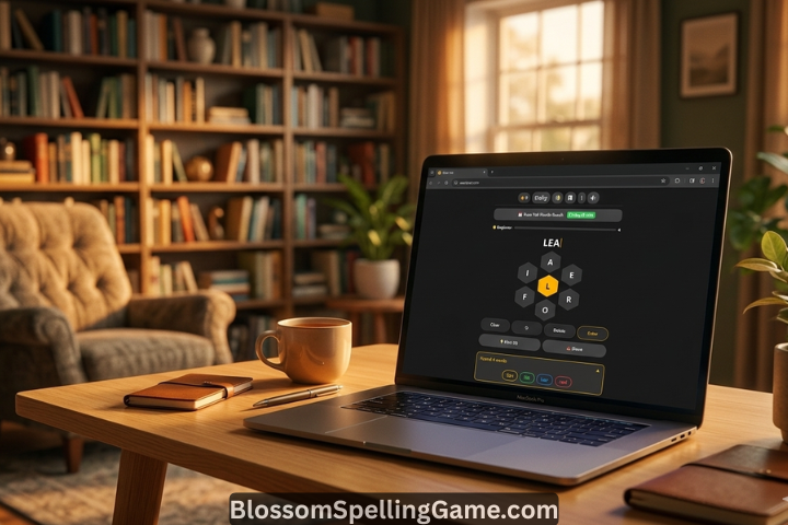 Laptop displaying the blossom word finder online free tool — a flower-shaped puzzle game with green letter tiles open in a browser at home.