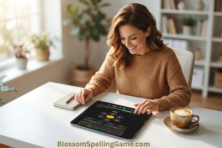 Woman solving today's Blossom word puzzle using a free blossom word finder on her iPad at a sunlit home office desk.
