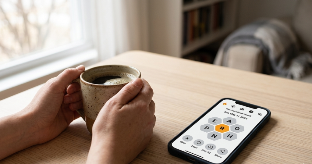 Person playing Blossom Word Game on a smartphone during morning coffee — ideal daily puzzle habit