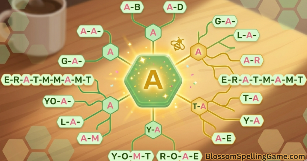 Illustration of the Blossom word game bonus petal letter glowing gold with surrounding word fragments