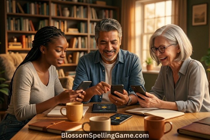Group of beginners using a blossom word helper on their phones together at a kitchen table — showing how easy the blossom word game is for all ages.