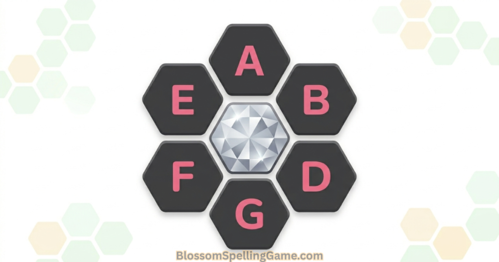 Illustration of the Blossom word game flower-shaped letter board with center tile and six petal tiles