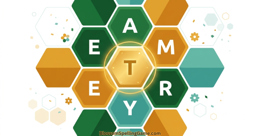 Colorful hexagonal Blossom Word Game flower grid showing center letter surrounded by six petal letters