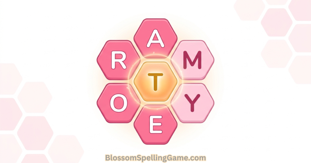 Blossom Word Game flower-shaped letter board showing seven letter tiles arranged as petals