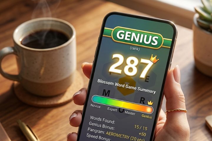 Smartphone showing a Genius rank score of 287 in Blossom word game scoring screen