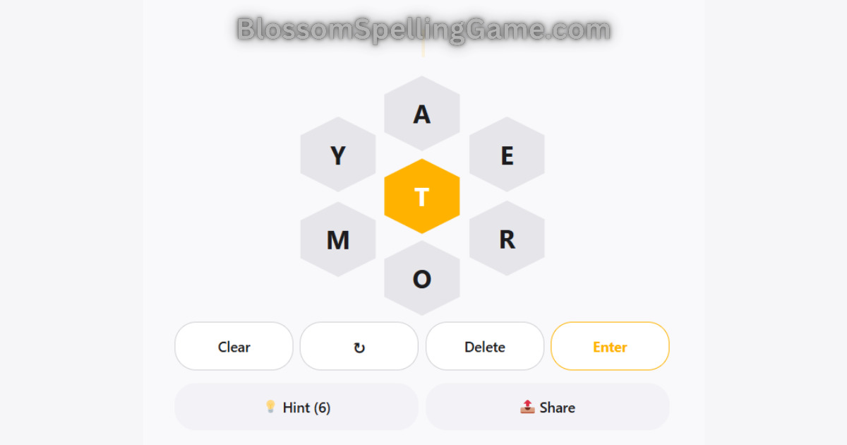 Blossom word game puzzle showing seven letters in a flower petal arrangement