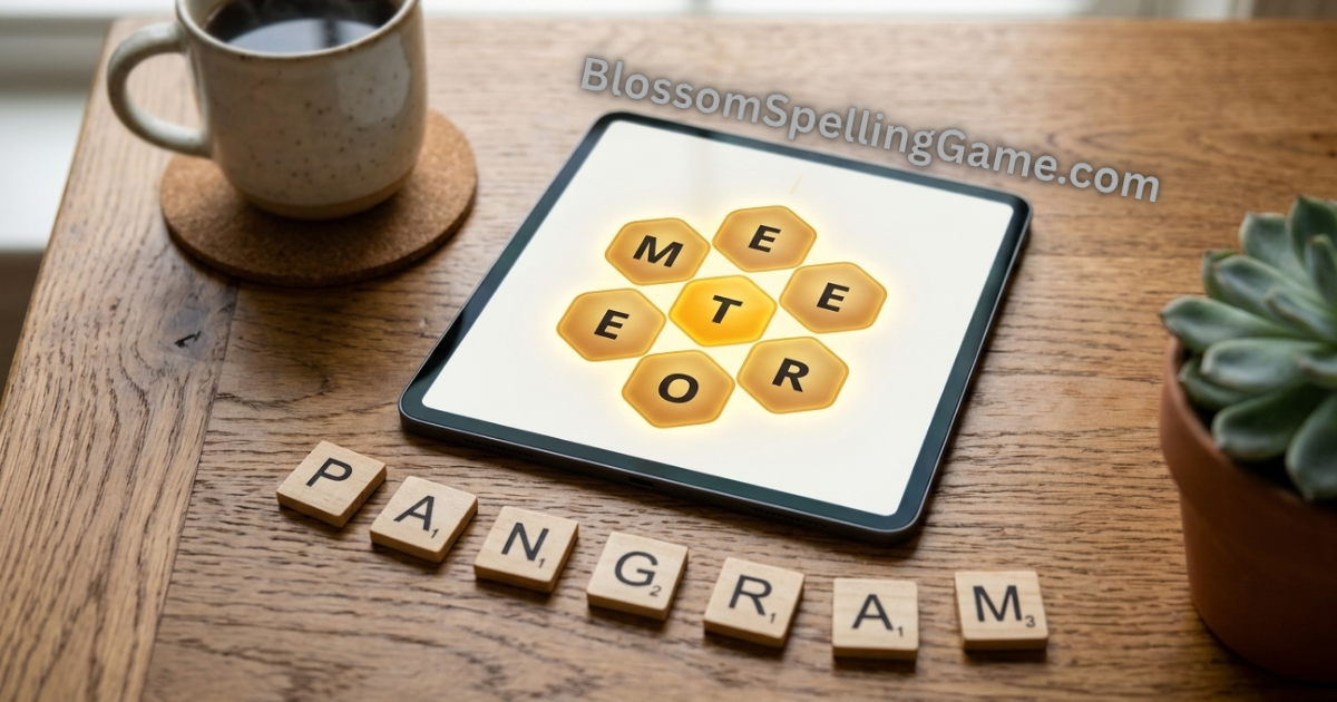 Blossom word game pangram puzzle with golden hexagonal tiles on a warm wooden desk