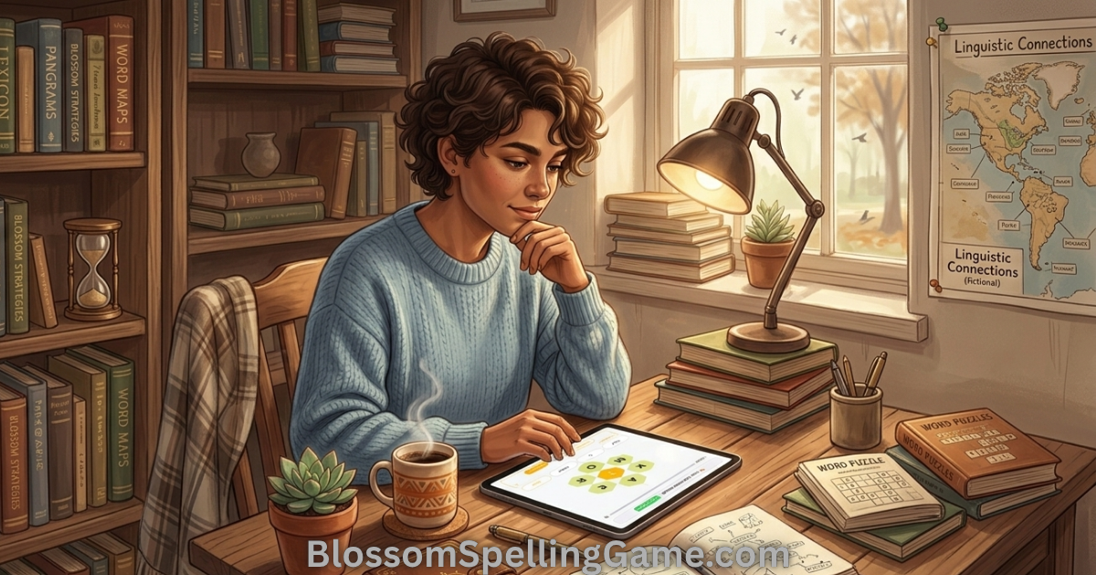 Person playing Blossom word game online on a tablet, using strategy to find all 12 Words in Blossom Word Game