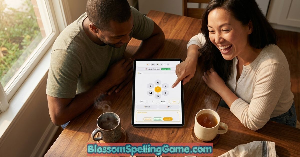A smartphone showing the Blossom Word Game letter puzzle on a cozy desk with morning coffee
