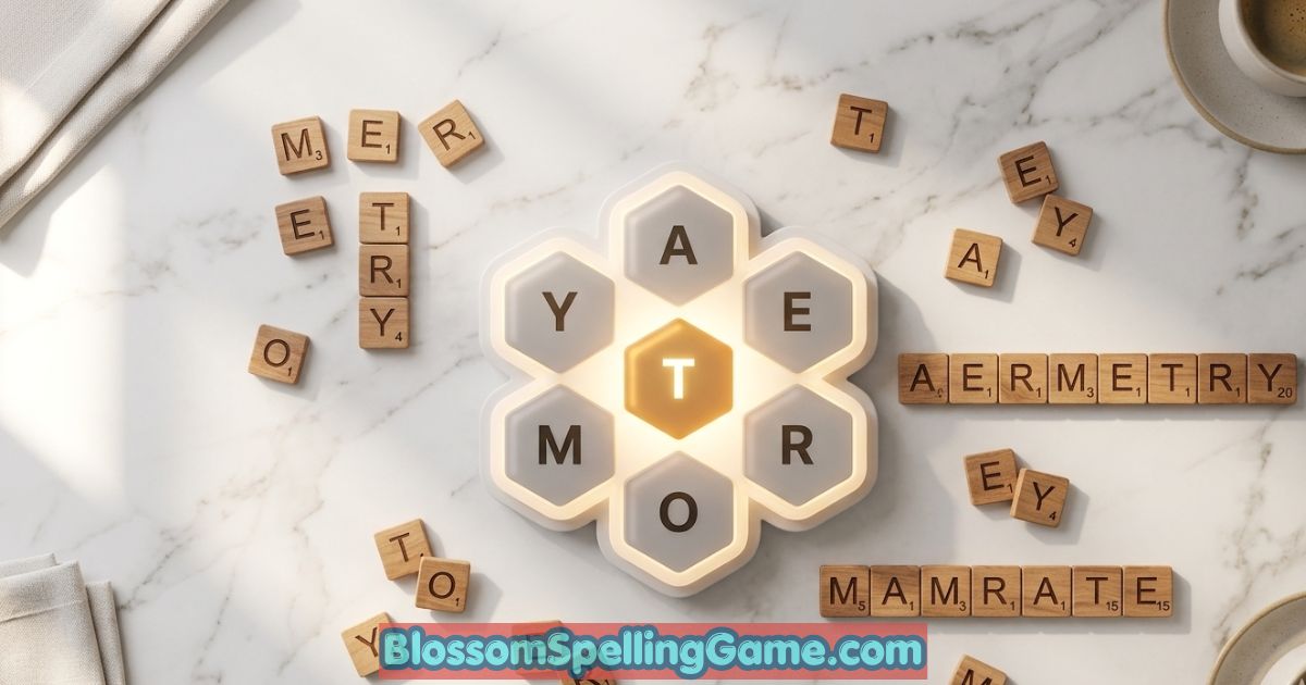 Blossom word game board showing scoring layout with letter tiles arranged in flower pattern
