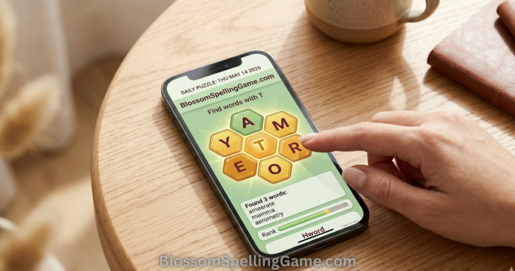 Smartphone displaying the BlossomSpellingGame.com daily puzzle interface on a wooden desk
