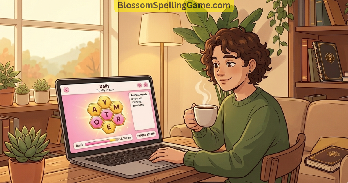 Person playing Blossom Word Game on a laptop at home as part of a daily word puzzle habit