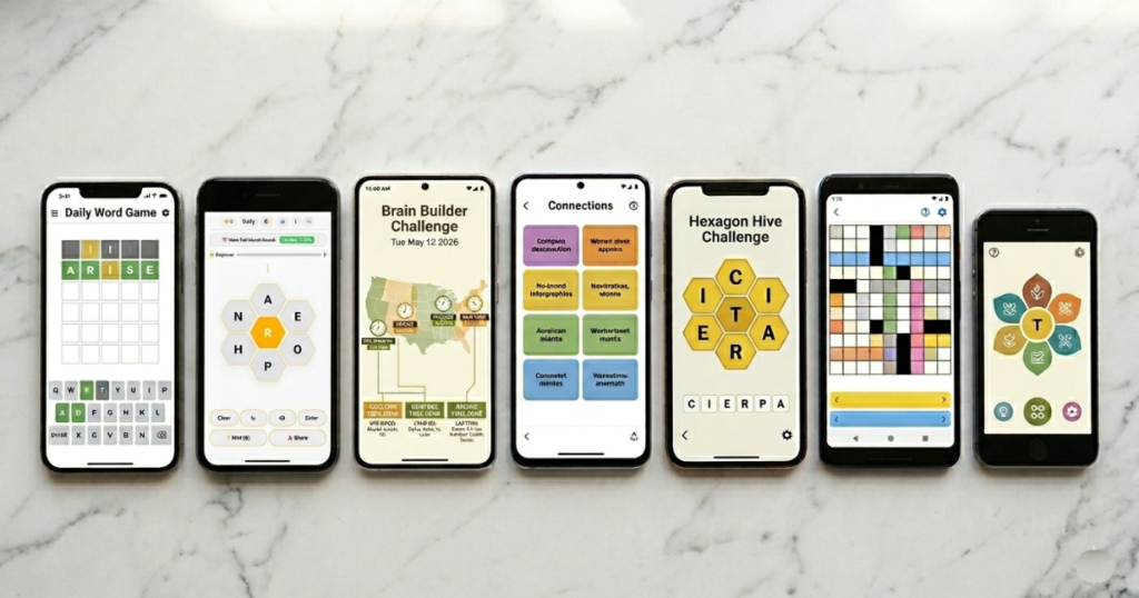 Multiple daily word game apps side by side showing reset time comparison including Blossom Word Game