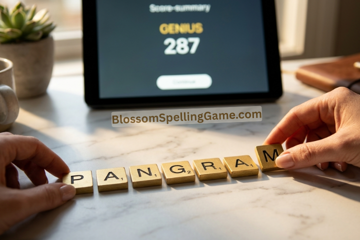 Blossom word game scoring chart showing points for different word lengths including pangram bonus