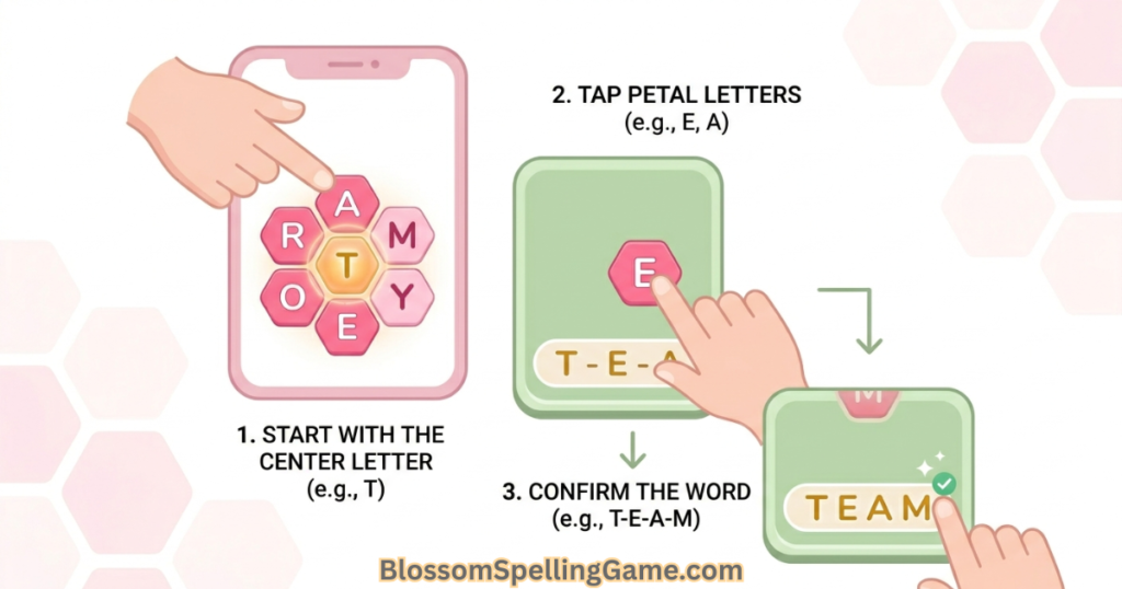 How to play Blossom Word Game — step-by-step illustration of tapping letters to form words on mobile. Is Blossom Word Game Free?