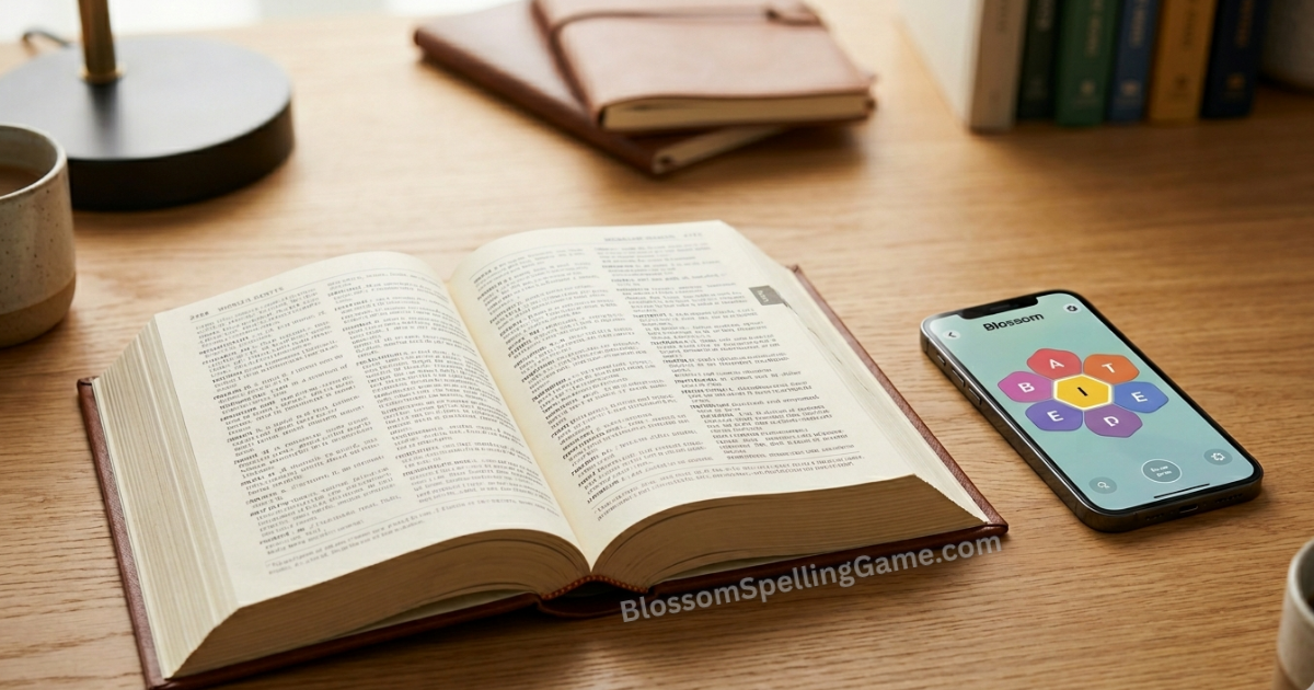 Who made the Blossom Word Game? Merriam-Webster dictionary alongside a smartphone displaying the Blossom Word Game flower grid