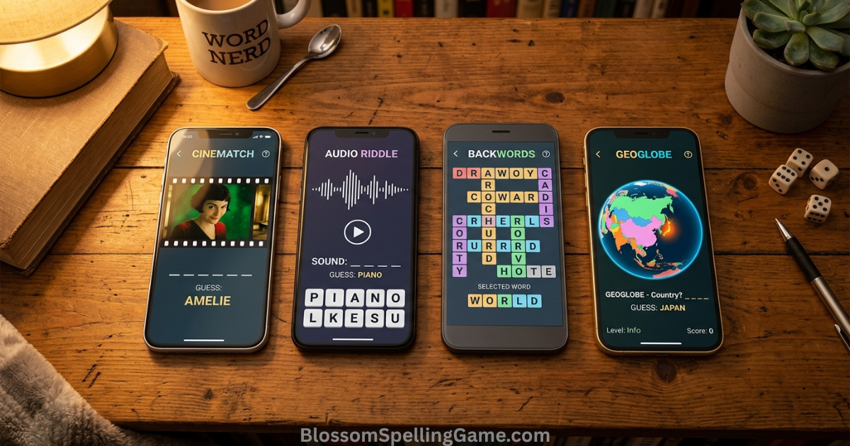Best free word games Creative and hybrid free word games in 2026 — Framed, Heardle, Antiwordle, and Globle displayed on four smartphones