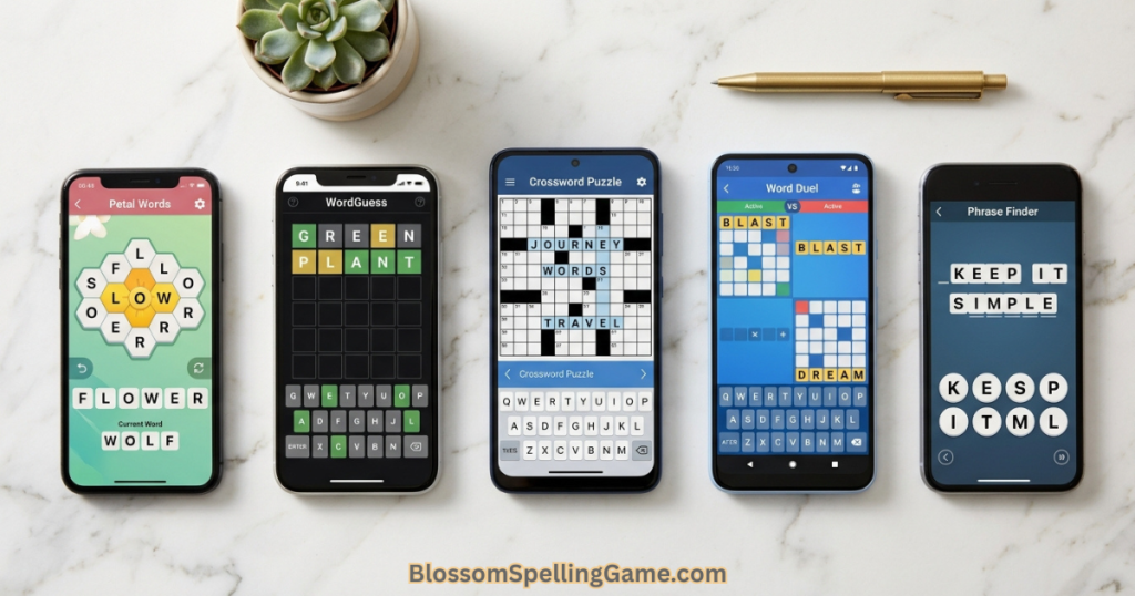 Five smartphones showing the best free daily word games of 2026 — Blossom, Wordle, Knotwords, Dordle, and Phrazle side by side