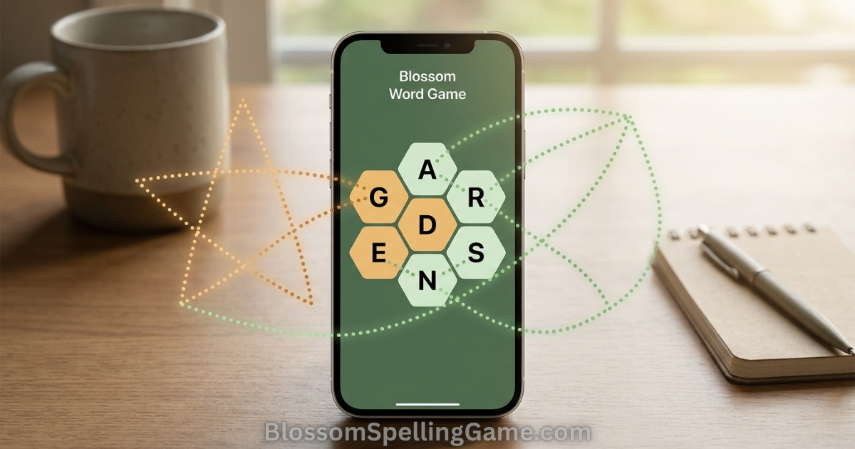 Blossom Word Game strategies Blossom Word Game flower grid with constellation-style dotted lines connecting letter pairs and groups