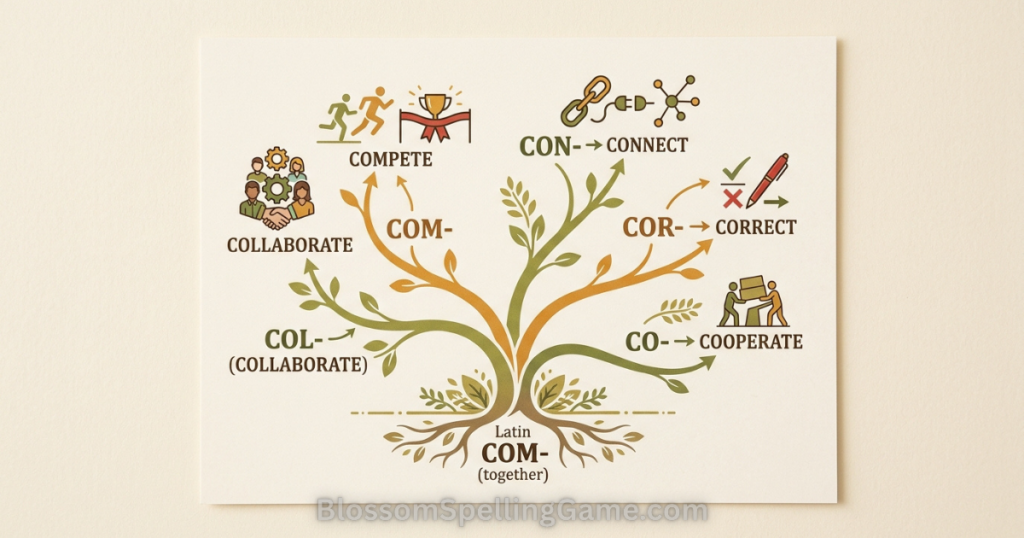 Common English prefixes Blossom Word Game Reference card showing CO-/COL-/COM-/CON-/COR- prefix family variants with example words