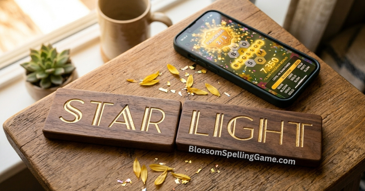 How to Find the Pangram? Two word tiles showing STAR and LIGHT joining to form STARLIGHT — illustrating how compound word pangrams work in Blossom Word Game