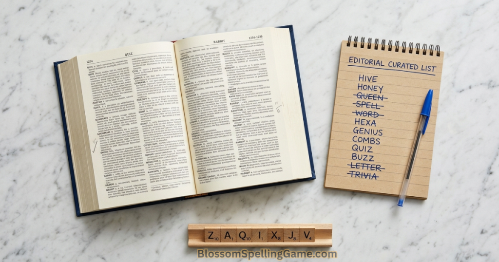 What dictionary does Blossom Word Game use Side-by-side comparison of Merriam-Webster dictionary (Blossom), editorial curated list (NYT Spelling Bee), and Scrabble tiles showing different word validation standards
