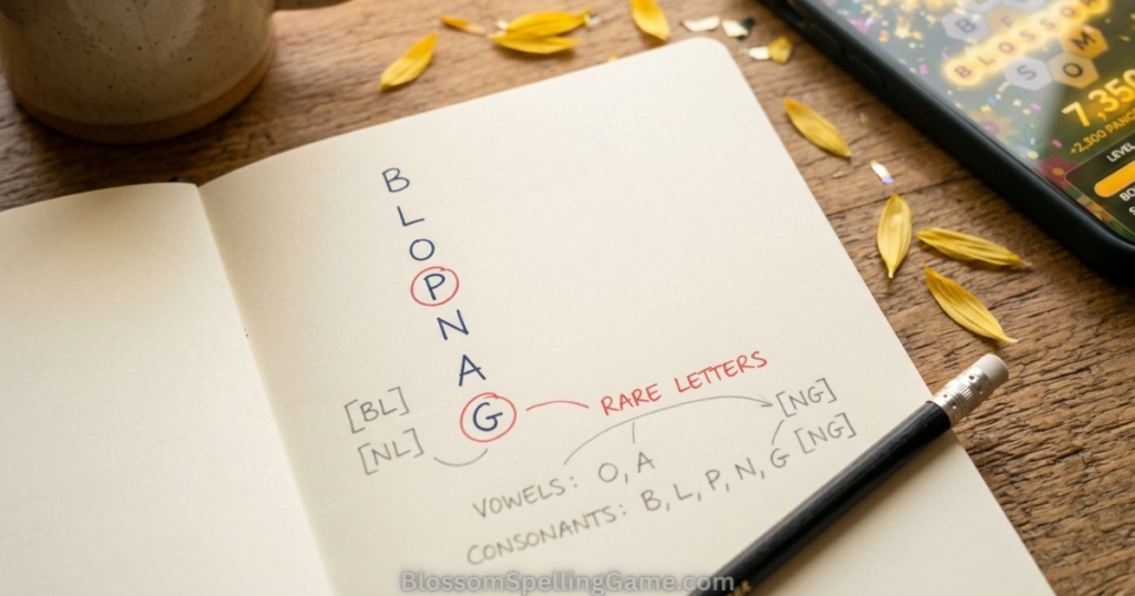 How to Find the Pangram? Handwritten letter inventory for Blossom Word Game pangram hunting — showing annotated vowels, consonants, and rare letters in a systematic analysis