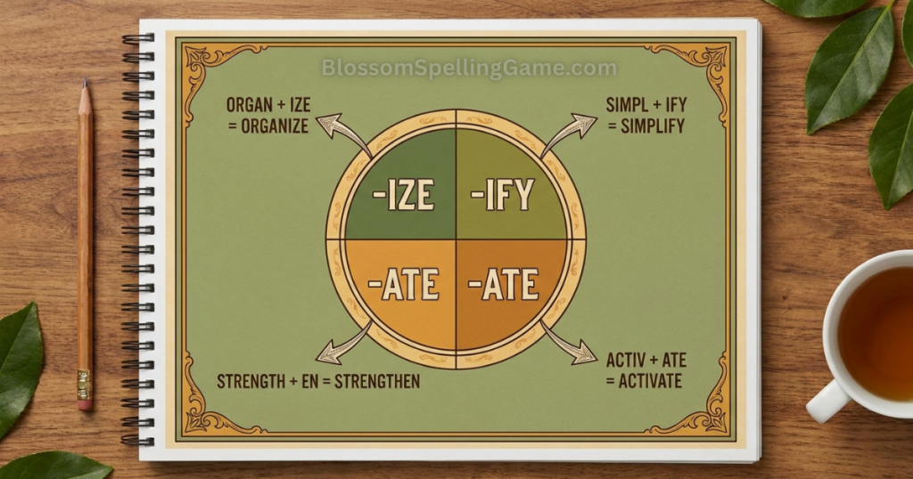 Common English suffixes Blossom Word Game Circular diagram showing four verb-forming suffixes (-IZE, -IFY, -EN, -ATE) with example transformations
