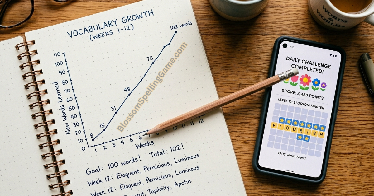 How Blossom Word Game improves vocabulary Progress tracker notebook showing rising word count graph beside Blossom Word Game smartphone