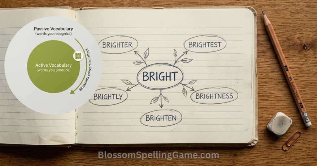 How Blossom Word Game improves vocabulary Diagram showing passive vocabulary converting to active vocabulary through Blossom Word Game play