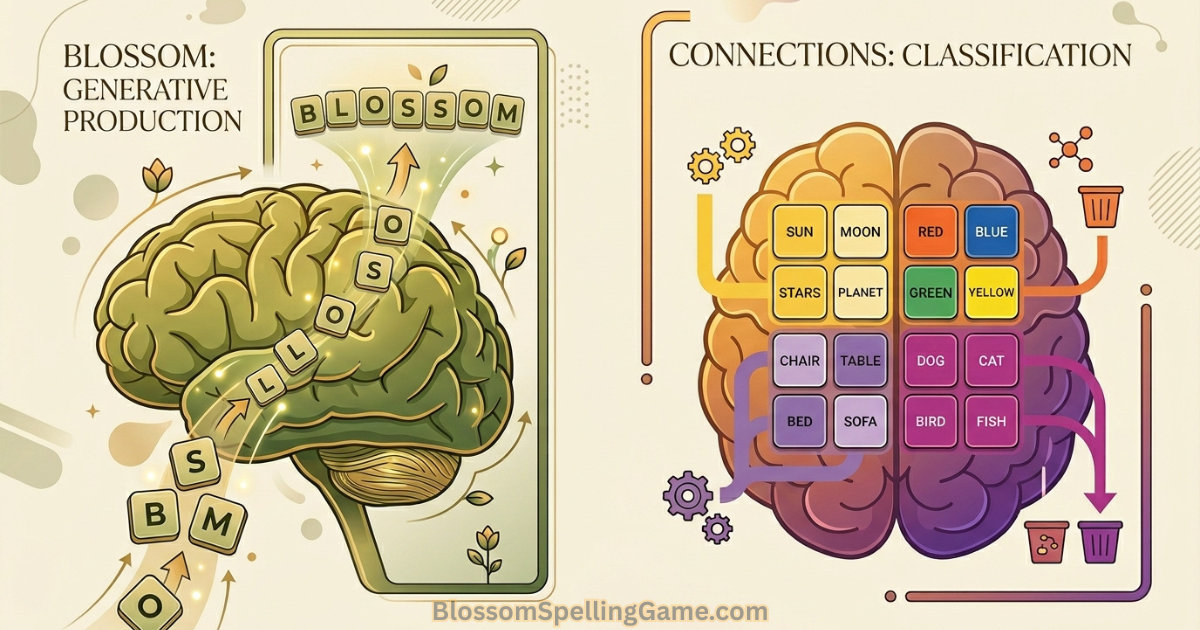 Brain diagram comparing Blossom Word Game’s generative vocabulary production with NYT Connections’ categorical classification — two complementary cognitive systems