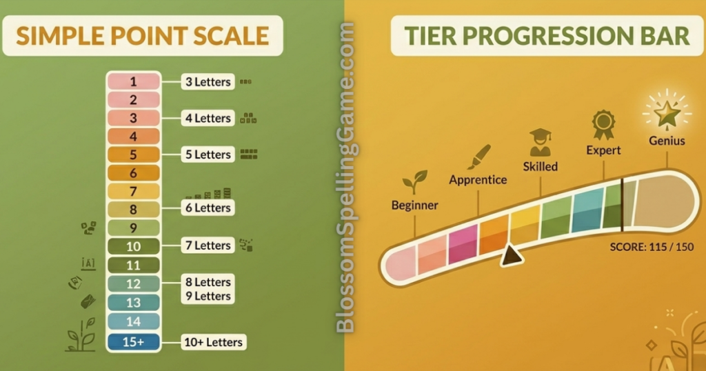 Visual comparison of Blossom Word Game and NYT Spelling Bee scoring systems side by side