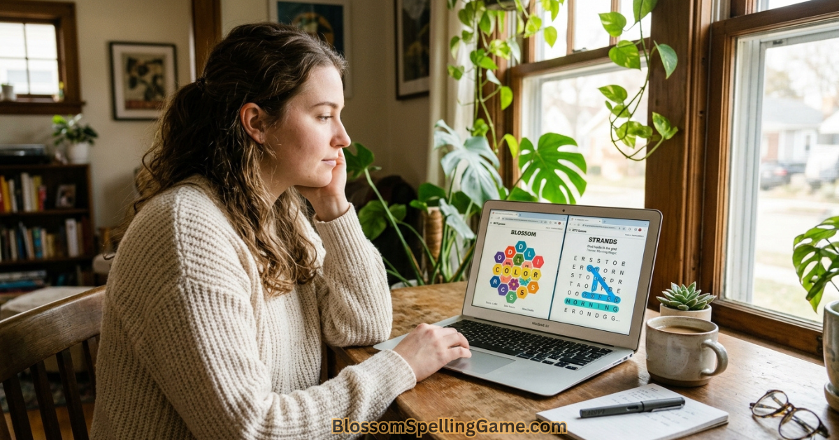 Blossom Word Game vs NYT Strands Person at laptop deciding between Blossom Word Game and NYT Strands browser tabs