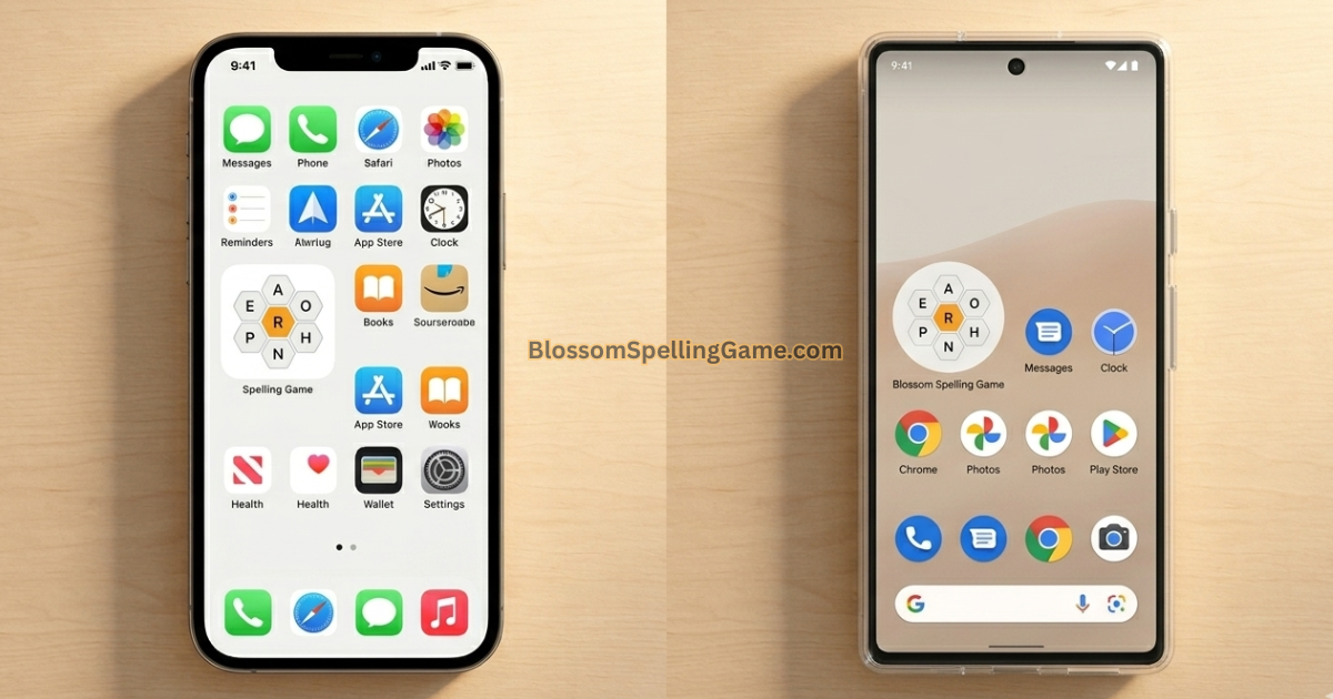 Smartphone home screen showing Blossom Word Game icon added via "Add to Home Screen" from BlossomSpellingGame.com