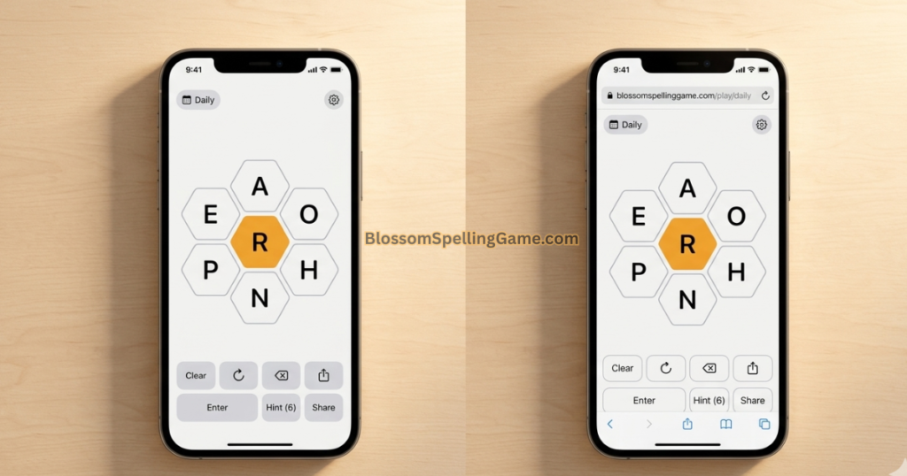Blossom Word Game App Side-by-side comparison of Blossom Word Game mobile app and browser version on two smartphones