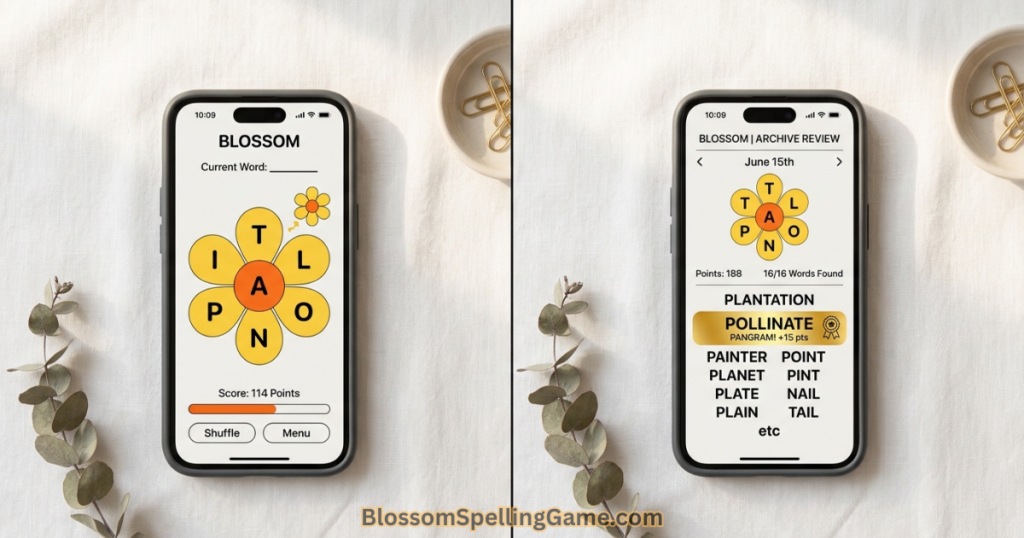 Can you play old Blossom Word Game puzzles Side-by-side comparison of live Blossom Word Game play and archive answer review