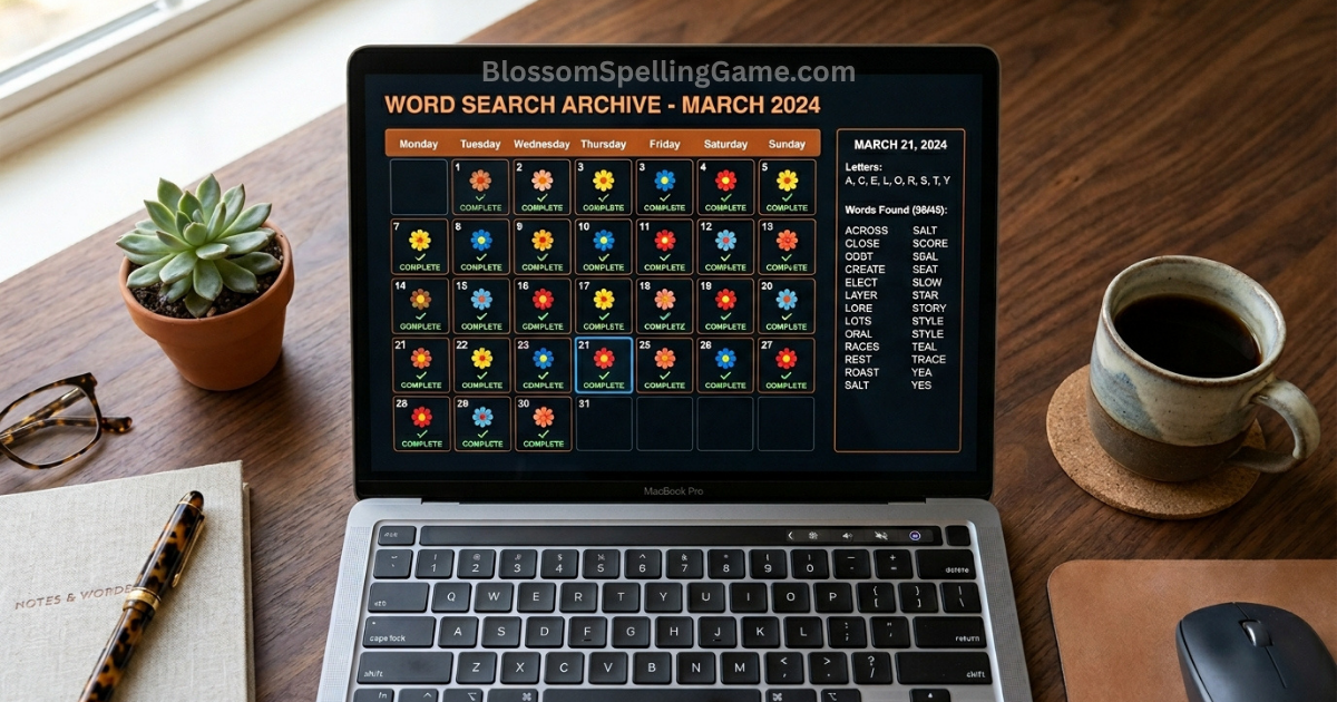 Can you play old Blossom Word Game puzzles Blossom Word Game archive page on laptop showing a monthly calendar with past puzzle data accessible for each day