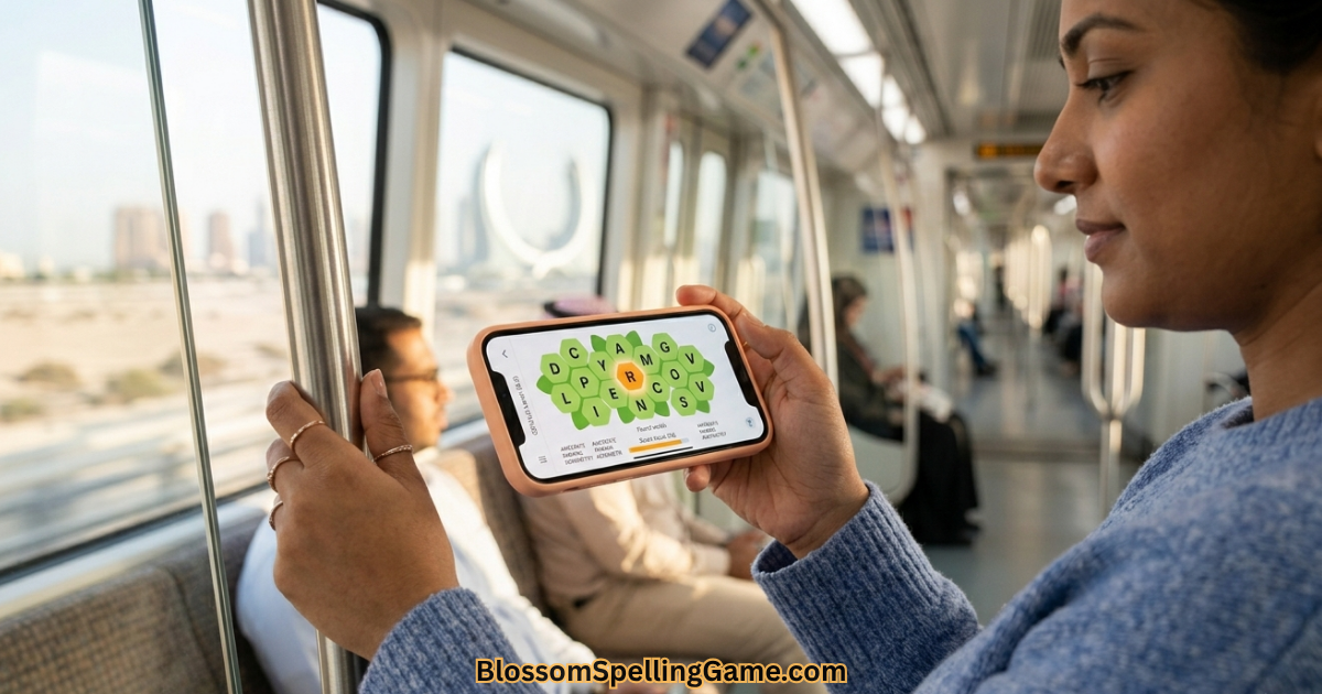 Person playing Blossom Word Game on Mobile during a commute, showing the game's mobile accessibility