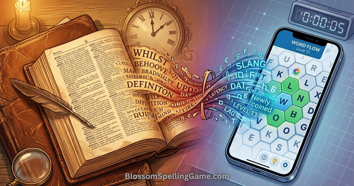 Why Does Blossom Reject Real Words? Visual contrast between a classic dictionary and modern smartphone word game, representing the dictionary update lag that causes some word rejections in Blossom