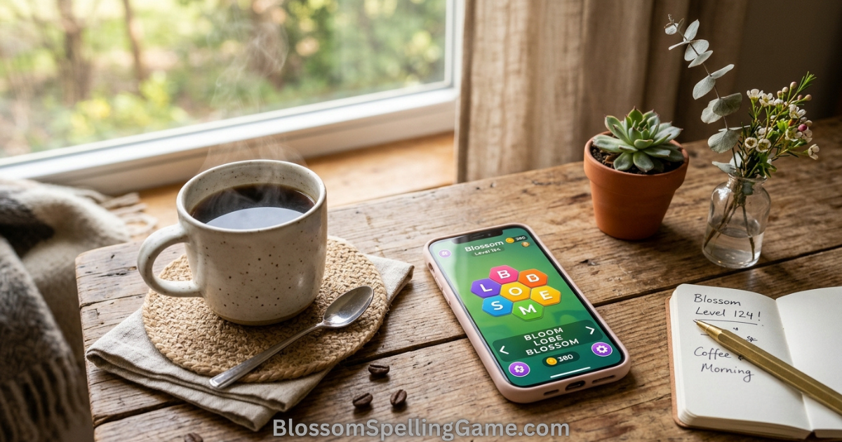 Morning coffee mug beside smartphone showing Blossom Word Game — illustrating habit stacking by pairing daily Blossom play with morning coffee routine Daily Habit With Blossom Word Game