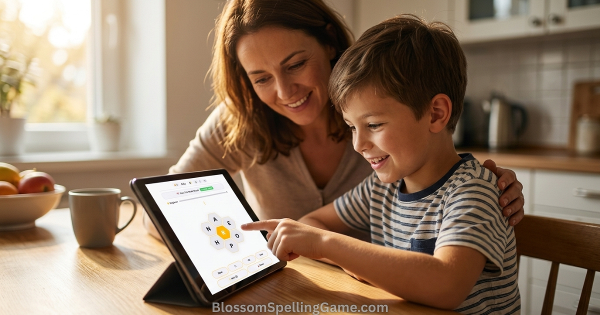 Is Blossom Word Game Good for Kids? Parent approvingly supervising child playing Blossom Word Game on a tablet — showing the game's family-safe content environment