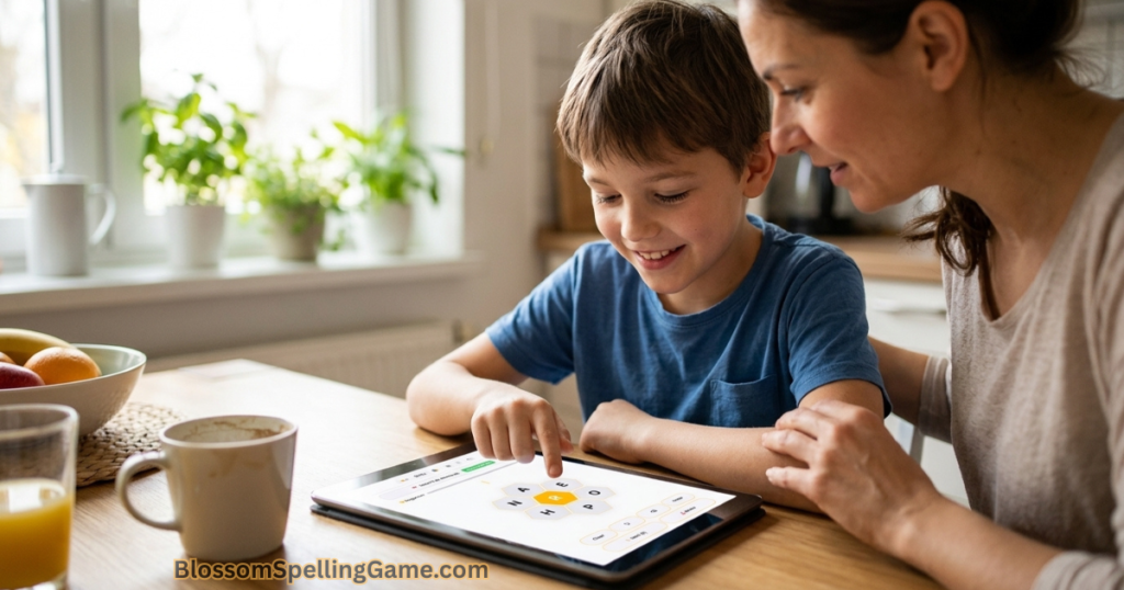 Is Blossom Word Game Good for Kids? Parent and child playing Blossom Word Game together on a tablet — showing collaborative family word puzzle activity