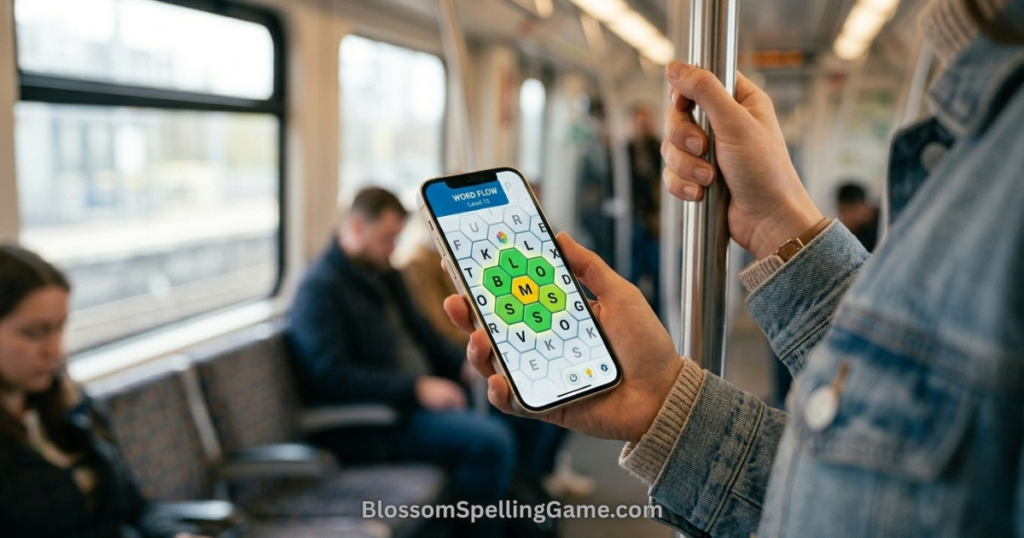 Blossom Word Game on Mobile displayed in vertical orientation on a smartphone, showing the larger grid view for easier letter tapping