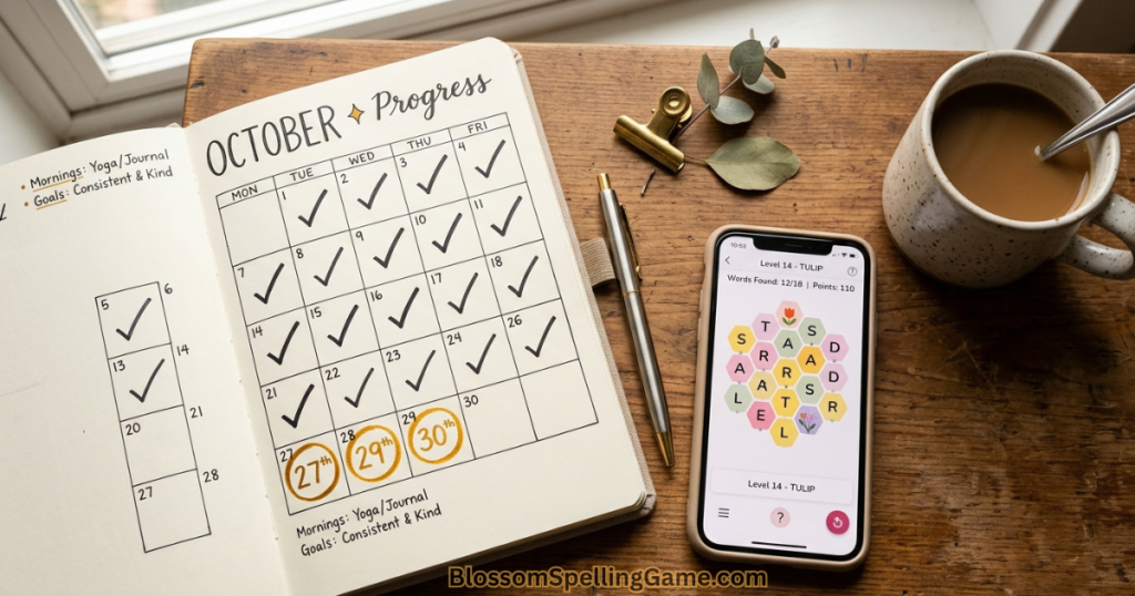 Does Blossom Word Game have a streak. Journal calendar showing a long Blossom Word Game streak with days checked off beside a smartphone displaying the game
