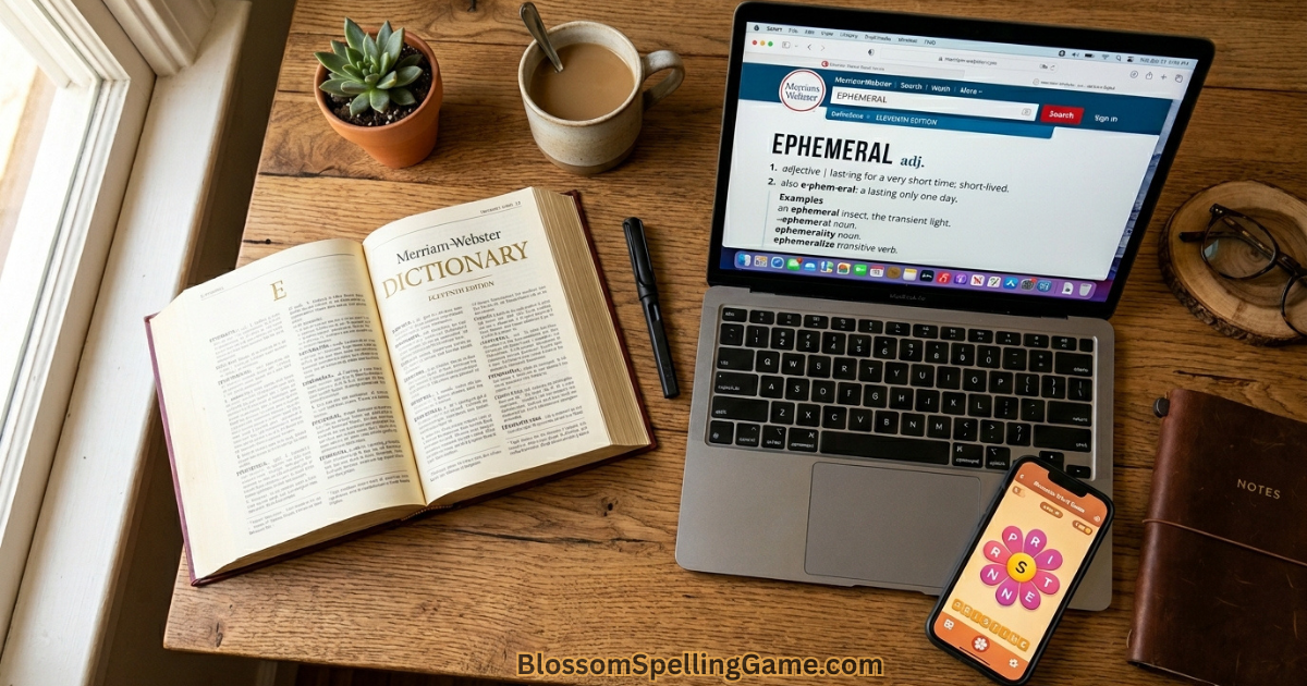 What dictionary does Blossom Word Game use Merriam-Webster dictionary, website, and Blossom Word Game shown together — illustrating the dictionary chain that powers Blossom's word validation